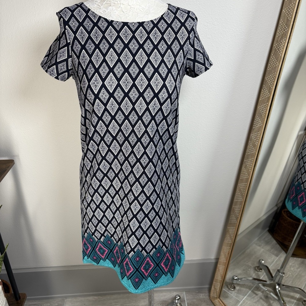 Boohoo Womens ~M/L* Black Shift Dress Boho Geometric Diamond Print Short Sleeve
